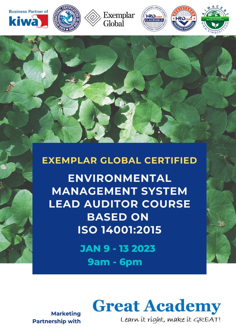 Certified EMS Lead Auditor (based on ISO14001:2015) course 9~13/01/2023