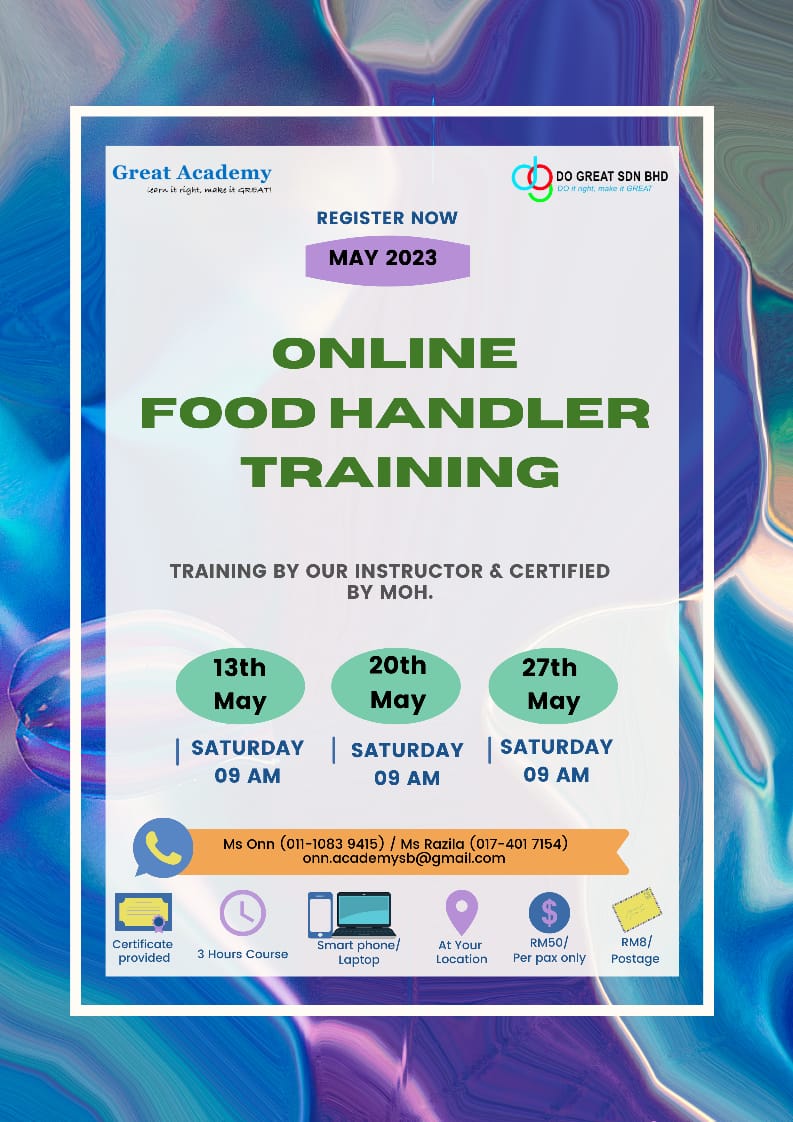 Food Handler Training (FHT) on 13, 20 & 27/5/2023