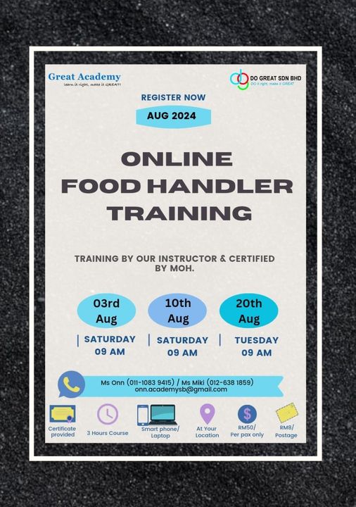 Food Handler Training (FHT) on 3, 10 & 20/08/2024