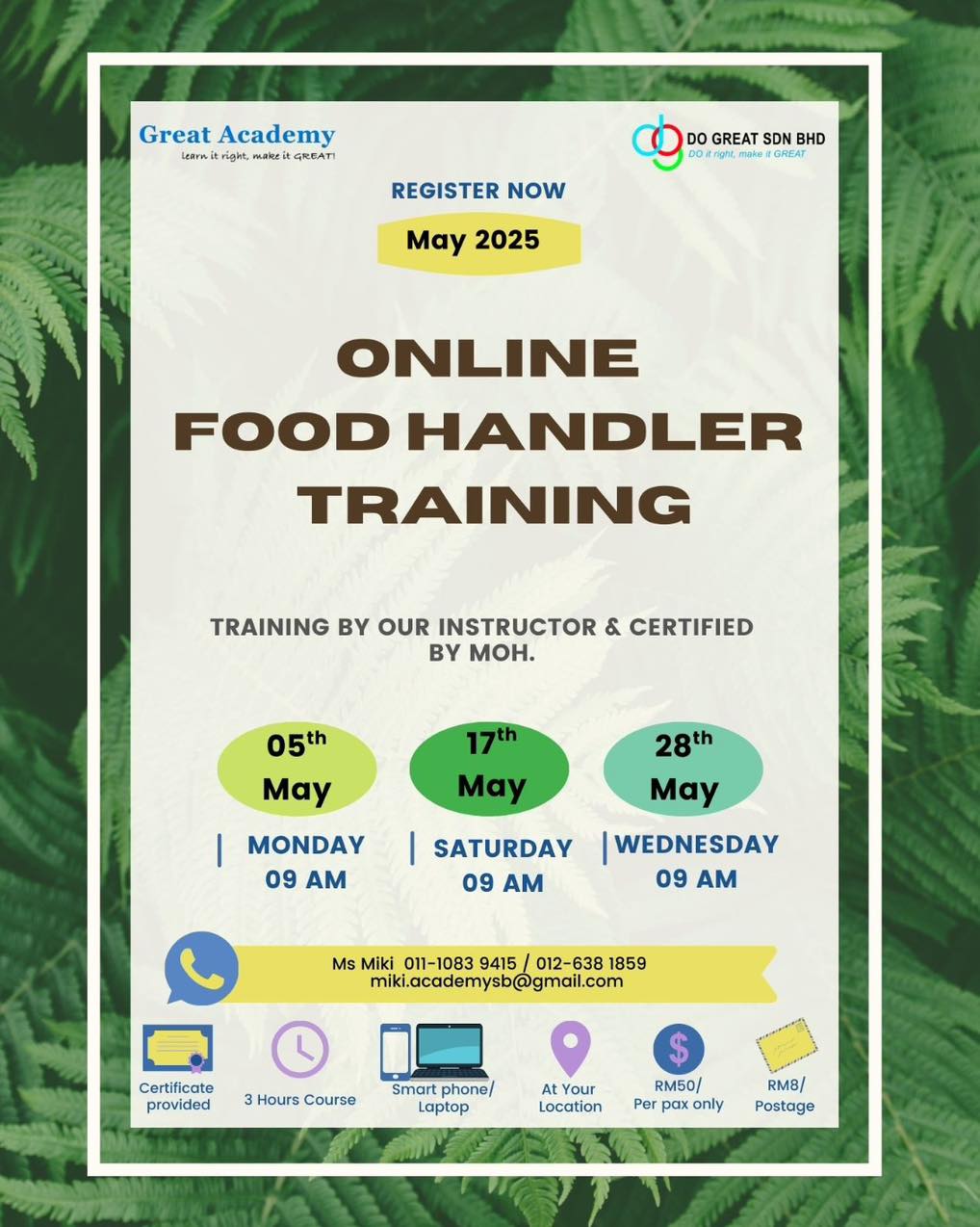 Food Handler Training (FHT) on 5, 17 & 28/05/2025