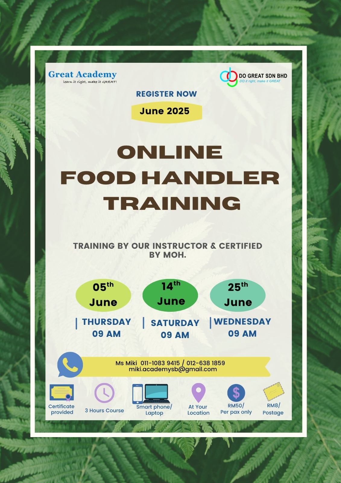 Food Handler Training (FHT) on 5, 14 & 25/06/2025
