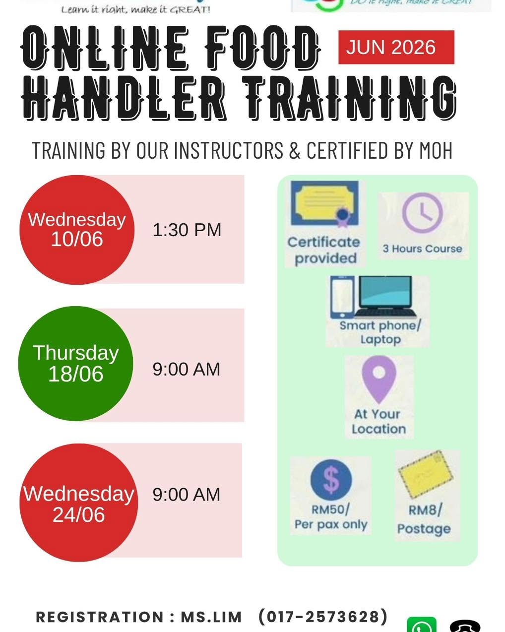 Food Handler Training (FHT) on 10, 18 & 24/06/2026