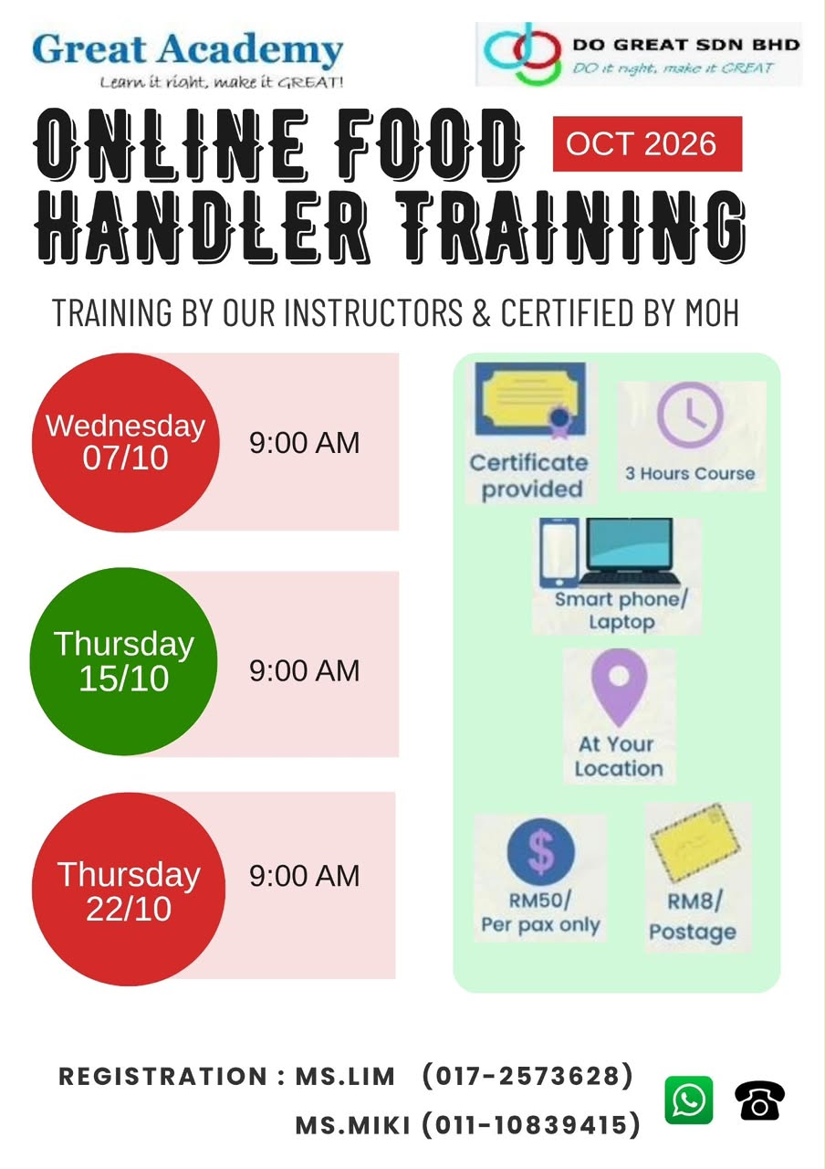 Food Handler Training (FHT) on 7, 15 & 22/10/2026